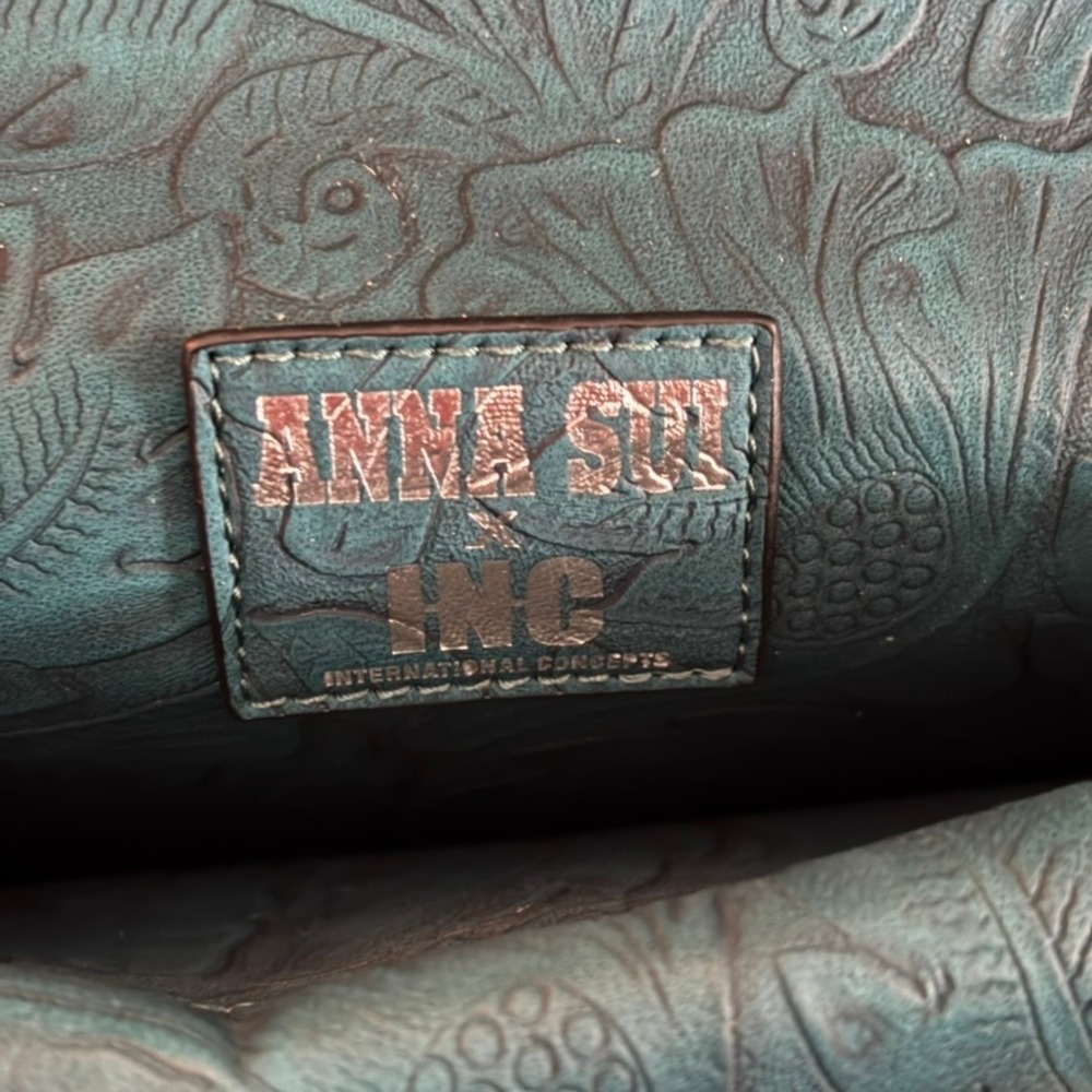 Anna Sui X Inc Western Tooled Leather Clutch Teal Turquoise Studded View 4